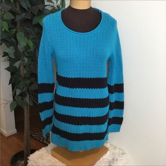 Liz Claiborne sweater Womans large turquoise & black stripe long sleeve casual - Picture 1 of 11